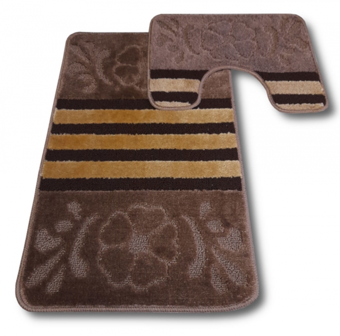 Barna bézs csíkos <br/>2 részes fürdőszoba szőnyeg szett