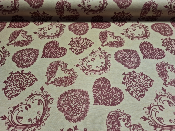 Bordó szív mintás<br>letörölhető textil terítő